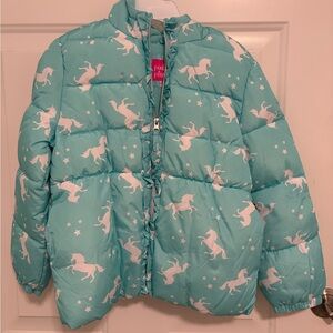 Pink Platinum Kids Puffer Jacket - Light Blue with Unicorns